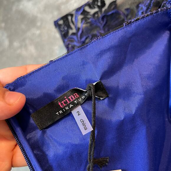 Trina Turk Off The Shoulder Black Navy Lace Floral Dress Wedding Formal Sz 2 New - Picture 5 of 7